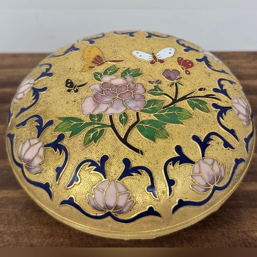 Vintage Cloisonné And Enamel Flower And Butterflies Trinket Jewelry Box Round